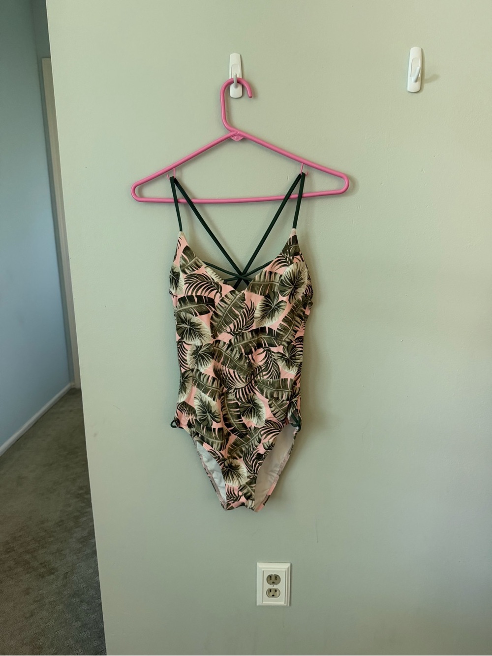 Lands' End Pink Tropical Print One-Piece Swimsuit with Green Straps